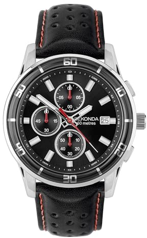 Sekonda Sport Midnight Herren-Chronograph, 44 mm, analog, Datumsanzeige, silberfarbenes Edelstahlarmband