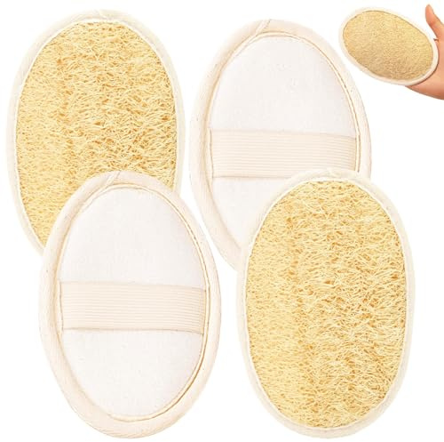 4 Pack Natural Loofah Sponges - Reusable Exfoliating Scrubber Mitts for Face/Body/Back, Gentle Skin Care Bath Accessories (All Skin Types)