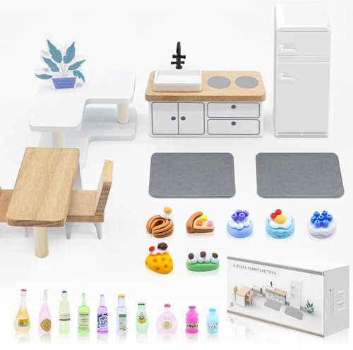 24PCS Miniature Dollhouse Kitchen Furniture Set, Wooden Mini Furniture Dollhouse Accessories with Mini Food Refrigerator, Pretend Play Furniture Toys for Kids Age 3+ Birthday