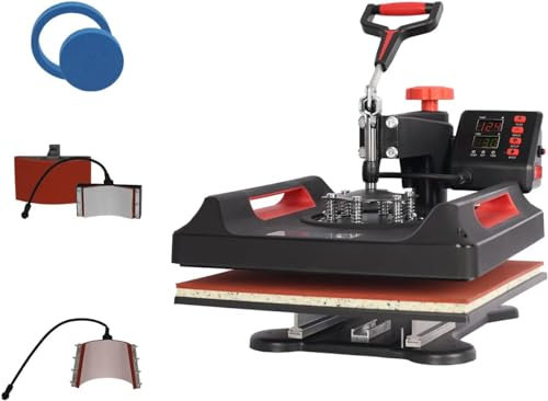 Digital Heat Press Machine Sublimation Printing Swing Away 360 Degree for T Shirts Mug Hat Plate Cap Mouse Pads 5 in 1 38x38cm Multifunctional (red)