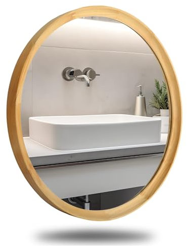 JIYUERLTD Wandspiegel, Runder Spiegel, Dekorative Holzrahmen Morden Spiegel für Badezimmer, Eingänge, Wohnzimmer und Puderzimmer, Schlafzimmer (Natural Wood, 60L x 60B cm)