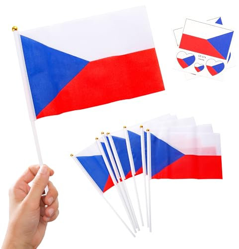 10 kleine tschechische Flaggen auf Stäben und 2 Tattoos, Tschechische Oly 2024 Dekorationen, Mini-Tschechische Flaggen, Handflaggen für Fußball-Sportveranstaltungen, Nationalfeier-Dekorationen