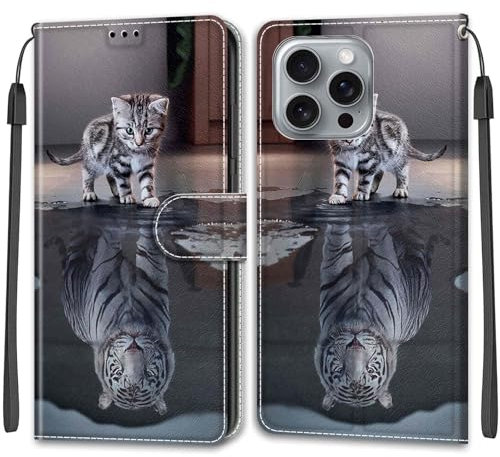 for iPhone 16 Pro Max Case, PU Leather Wallet Book Flip Folio Stand View Cover Pouch Compatible with iPhone 16 Pro Max Phone Case - Cat and Tiger