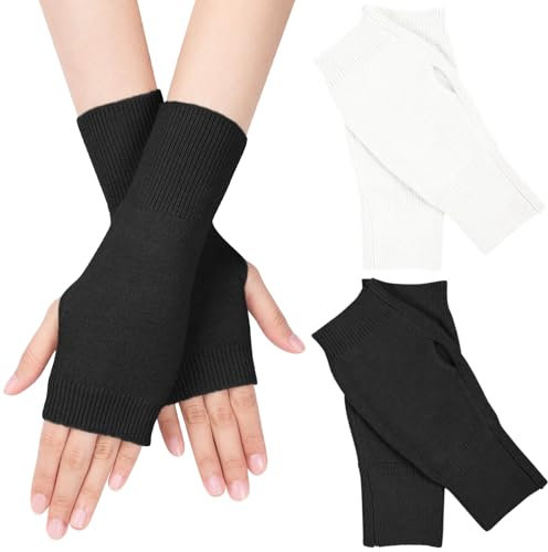 MELLIEX 2 Paar Halb Fingerlose Handschuhe, Winter Pulswärmer Handschuhe Unisex Warm Weiche Strickhandschuhe, Schwarz/Weiß