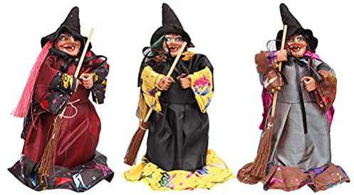 NUOBESTY 3Pcs Halloween Witch Dolls with Broom Creepy Doll with Witch Hat Halloween Hanging Witch Dolls Plush Witch Doll for Halloween Party Home Decorations Photo Props