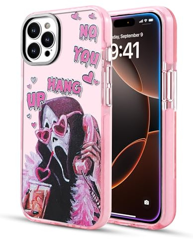 RUIZHAOHUA Niedliches Ghostface Scream Horror Skelett Schädel Design Hülle für iPhone 16 Pro, Aesthetic Funny Cartoon Schutzhülle für Frauen und Mädchen - Rosa