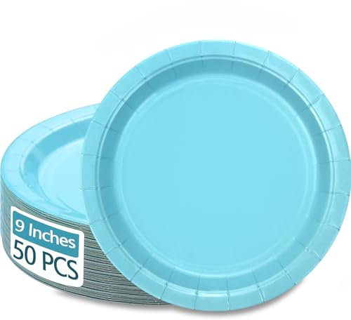 PTECDROTS 50Pcs Light Blue Paper Plates - 9” Blue Birthday Plates Round Dinner Plates for Boys Gender Reveal Blue Party Decorations