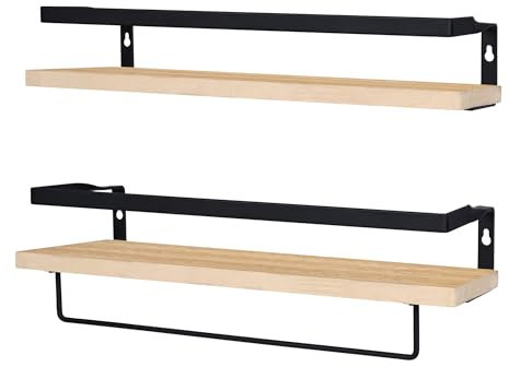 T-LOVENDO.ES Baldas Pared, Estantes de Pared, Juego de 2, Flotante, de Madera, 42 cm, Marco de Metal, Colgante, con Toallero, Barra para Trapos, para Dormitorio, Cocina, Baño, Sala de Estar