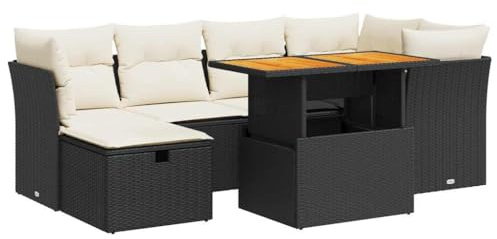 vidaXL 7-TLG. Garten-Sofagarnitur mit Kissen Schwarz Poly Rattan, Outdoor Sofagarnitur, Lounge Set