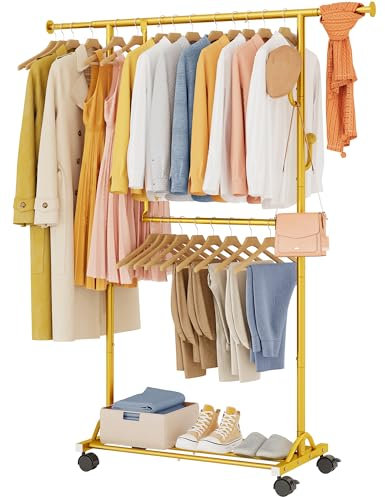 FAVOOSTY Portant à Vêtements avec Roulettes, Tringle Extensible Porte-manteau, Porte-vêtements, Barre Centrale Réglable, Double Barre, (90-120) x 39.5 x160 cm, Montage Facile, Or