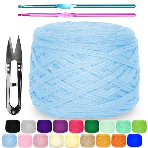 Zefphxs 290g T-Shirt Garn, Bändchengarn Polyester Rope zum Häkeln, T Shirt Garn, Textilgarn zum häkeln für körbe Teppiche, Heimdekoration, DIY-Kunsthandwerk (Sky Blue)