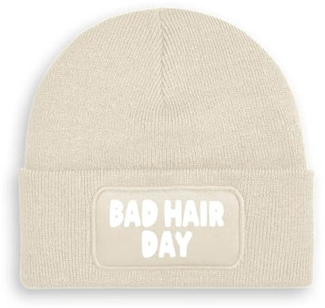 Prozente Momente Bad Hair Day - Beanie | Strickmütze | Wollmütze | Beanie mit Druck | lustige Sprüche | Apres-Ski | Winter | Beige