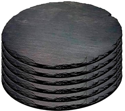 Tradineur - Pack de 6 Platos Redondos de Pizarra, Canto rústico, Platos para hostelería, Servicio y degustación, Tabla de Piedra Natural para Servir Aperitivos - Ø 25 cm
