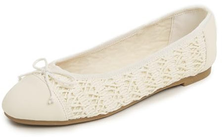 Feversole Women's Bow Tie Fashion Dress Slip On Shoes Round Toe Ballet Cream Raffia Toe Cap UK Size 7