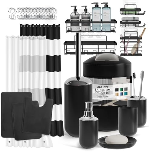 Clara Clark Bathroom Set - 28PC Bathroom Set with Adhesive Corner Shower Caddy Hanging, Bathroom Sets with Shower Curtain and Rugs, Black Shower Curtain Set with Bathroom Trash Can