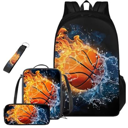 HUGS IDEA Lot de 4 sacs à dos d'école pour garçons de 6 à 8 ans, 8 à 10 ans, 10 à 12 ans, Ballon de basket Fire, taille unique