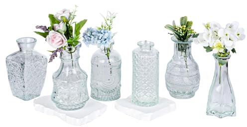 6 Pcs Glass Bud Vases Set Mini Flower Vase for Home Decor Clear Wedding Decor Small Vintage Table Centerpiece Decorations for Dining Table Reception and Floral Arrangements(Clear)