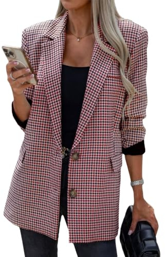 ebossy Damen Casual Oversized Blazer Anzug Revers Knopf Plaid Arbeit Büro Jacke Wolle Erbsenmantel