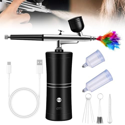 PRITOK Airbrush Kit with Compressor: Portable Rechargeable High-Pressure Air Brush Set with 0.3mm Nozzle, 23/27 PSI Cordless Non-Clogging Air Brush Set with Type-C Charge for Nail Art, Makeup, Cake