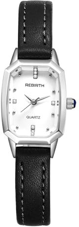 JewelryWe Damenuhr Klein Rechteckige Uhr: Minimalistisch Analog Quarz Armbanduhr Damen Schwarz Schmal Echtleder Lederarmband Ultradünn Lässige Uhr mit Eckigem Diamantskala Zifferblatt