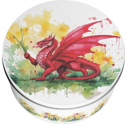 Purely Home Daffodils & Dragon Large Cake Tin - Patriotic Welsh Souvenir Kitchen Gifts - Round Metal Storage Container for Baking 23 x 10cm