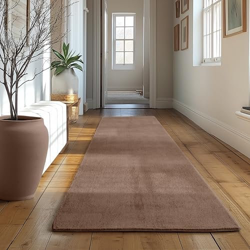 SIMPEX Läufer Teppich Braun 80x250 cm Kurzflor Teppich Waschbar, weich & rutschfest, modernes einfarbiges Design für Schlafzimmer, Küche & Flur