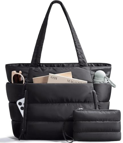 Bagstellar Puffer-Tragetasche für Damen, leichte, bauschige Arbeitshandtasche, Lehrer, Krankenschwester, gesteppt, Schultertasche für Schule, Reisen, Fitnessstudio, Schwarz, Large