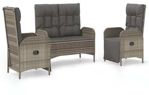 Eleganz 3-TLG. Garten-Essgruppe mit Kissen Grau – PE Rattan & pulverbeschichteter Stahl – Luxus-Set für Terrasse & Garten – Langlebig & Wetterfest