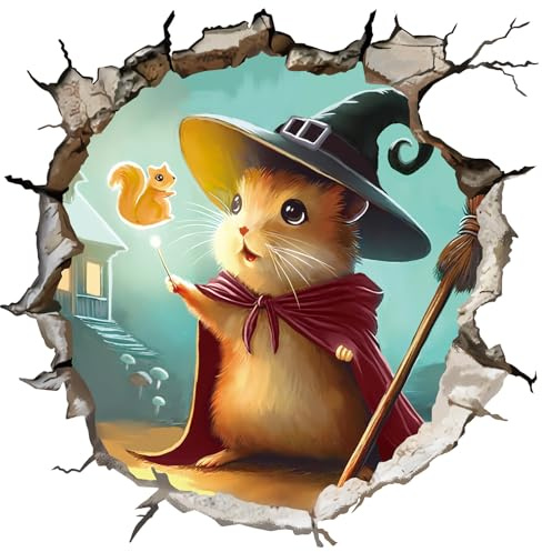 fufuquare 3D Karikatur Maus Loch Wandtattoo Abziehen und Aufkleben, Glänzendes Finish Magische Ratten Zauberer mit leuchtendem Eichhörnchen Wandaufkleber für Kinderzimmer, Wohnzimmer, Schlafzimmer