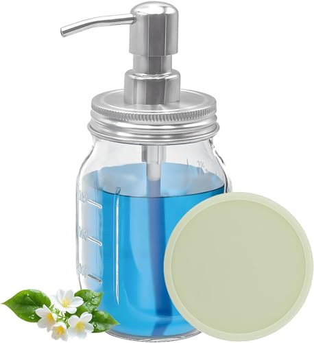 HvOvMvE Mason Jar Soap Dispenser with Rustproof Pump Lid - 16oz Farmhouse Foaming Lotion Dispenser, Stainless Steel & Glass, Perfect for Bathroom or Kitchen - no liquid (Silver)