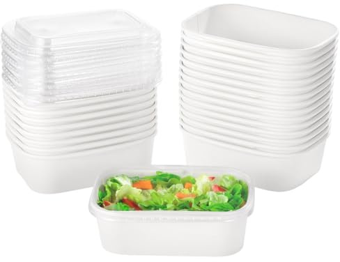 YOFAPA 25 Pcs Kraft Paper Bowls, 22 oz Disposable Food Containers with Clear Lids, Oilproof Salad Bowls, White Rectangular Treat Bowls for Soup, Snacks, Sushi, Hot Cold Takeout Boxes, Microwave Safe