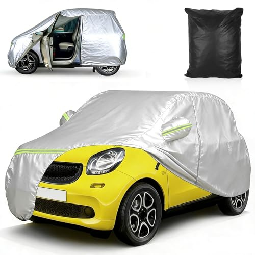 Autoabdeckung für Smart Fortwo W451 W453 2016-2024, wasserdichte Winter Atmungsaktiv Vollgarage Autoplane für Sonne,Regen,UV,Staub Schutz, mit Reißverschluss-Tür Windriemen Reflektorstreifen (Weiß)