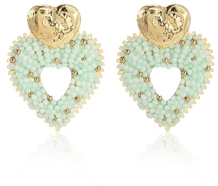 Mintgrün Boho Herz Ohrringe Damen Handgefertigte Perlen Hängeohrringe mit Gold Herz Leichte Statement Ohrringe Sommer Schmuck für Frauen