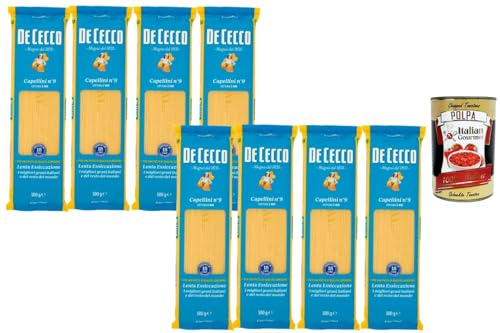 Italian Gourmet De Cecco Capellini Nr. 9 – Italienische Pasta aus Hartweizengrieß, extra feine Nudeln, ca. 2 Min Kochzeit, langsam getrocknet, ideal für leichte Saucen 8x 500 g + Italian Gourmet polpa