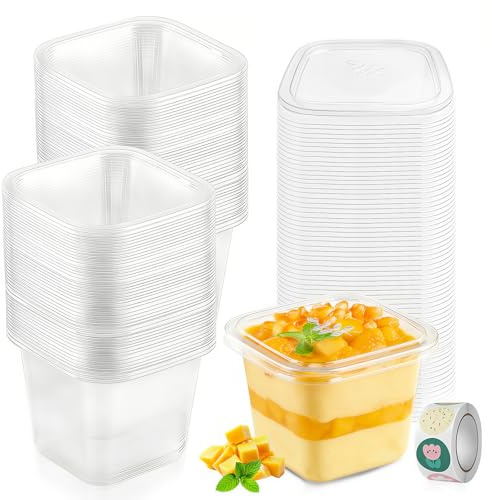 50Pcs Plastic Dessert Cups with Dome Lids,400ml Clear Parfait Appetizer Cup | Reusable Round Dessert Cups with 500 Stickers for Yogurt Fruits Mousse Veggies