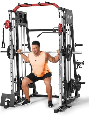 GarveeHome Multi-Function Smith Machine Power Cage – 2300lbs Heavy Duty Squat Rack with Lat Pulldown, Cable Crossover, Leg Press Attachment, Barbell & Weight Holder – Multi-Function Strength Training
