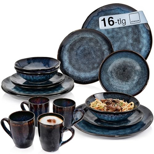 SÄNGER Tokio Kombiservice 4 Personen, Teller Set & Kaffeebecher 16 tlg | Spülmaschinenfest mikrowellenfest Steingut Geschirrset mit Kaffeebecher dunkelblau mit schwarzem Akzent