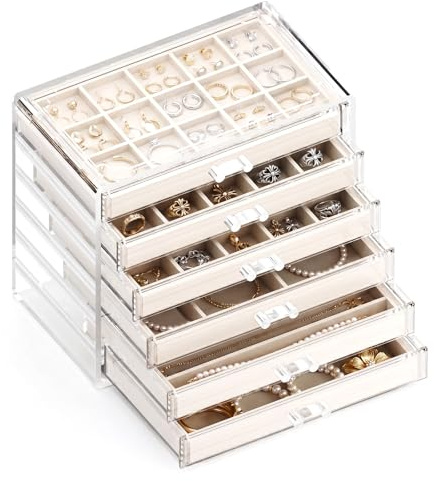 GlowSai Acryl Schmuck Organizer Schmuckaufbewahrung Schmuckkästchen mit 4 Schubladen für Ohrringe, Ringe, Armbänder (Warmweiß, 4)