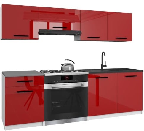 Belini Italia 1 Küchenzeile Küchenblock 180cm Rot | Küchenset als gerade Küchenzeile, weiße Korpusse, DECOR ECONATURA Material, kratzfest, ohne Elektrogeräte, mit Arbeitsplatte