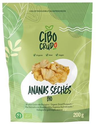 Getrocknete Ananas ohne Zucker und Bio - 200g. Ananas Enthält Vitamin A und C. Zum Hinzufügen zu Müsli Joghurt und Salaten.