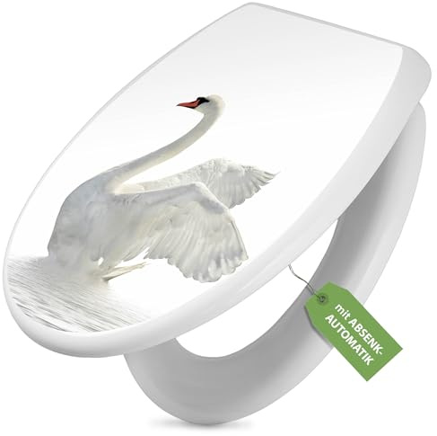 banjado Toilettendeckel mit Absenkautomatik 44,5x37cm - Soft Close Toilettensitz - WC Sitz mit Absenkautomatik - Klodeckel aus Duroplast mit Edelstahl Scharnieren, einfache Montage - Motiv Schwan