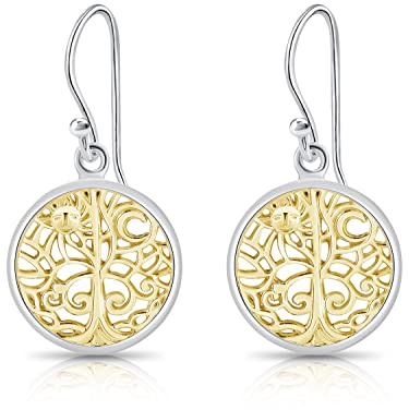 DTPsilver® Petites Boucles d'Oreilles Pendantes en Argent Fin 925, Plaqué Or Jaune, Or Rose ou Bicolore - Arbre de Vie avec Petit Soleil et Lune - Longueur Totale: 30 mm - Diamètre: 16 mm