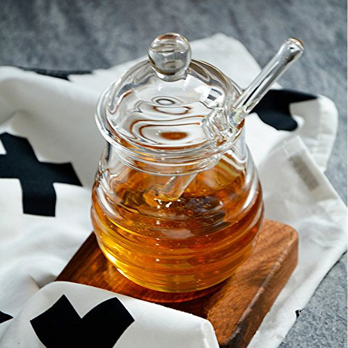 TAMUME 290ml Crystal Glass Honey Jars with Glass Honey Dipper and Lid Cover (Crystal)