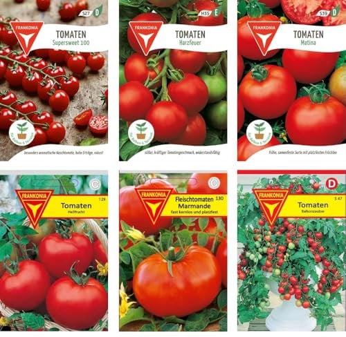 Frankonia-Samen / Tomatensamen-Sortiment / 6 Tomatensorten / Tomate Supersweet / Tomate Harzfeuer / Tomate Matina / Tomate Hellfrucht / Fleischtomate / Tomate Balkonzabuber