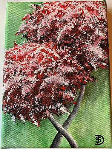 Generisch Acrylbild Blüten in rot/grün, handgemalt auf Leinwand 13 x 18 cm