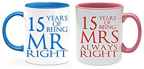 Getagift Crystal Anniversary 15 Years of Being Mr Right & Mrs Always Right Set of 2 Wedding Anniversary, Valentines Day, Coloured Couple Mug Set. (15 Years)