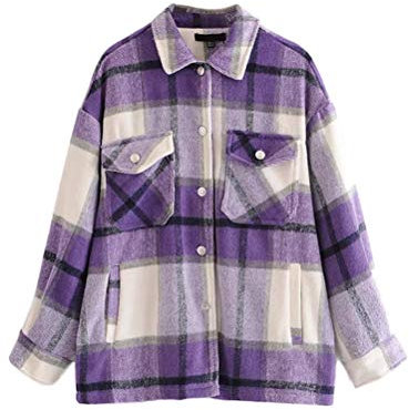 ORANDESIGNE Cappotto a Quadri da Donna a Lunga Manica Blusa Camicetta a Quadri Classica con Tasche Camicia Stile di Boyfriend Giacche A Viola L