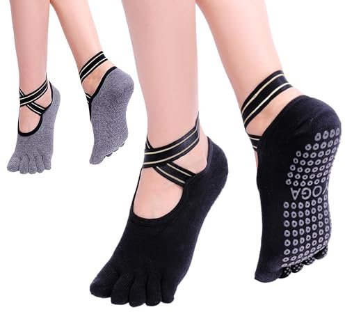 SWINILAYA 2 Paar Zehensocken für Damen mit rutschfester ABS-Sohle & Stopper-Punkten - Atmungsaktive Socken für Pilates, Yoga, Ballett & Barfuß-Training, Optimaler Halt & Komfort