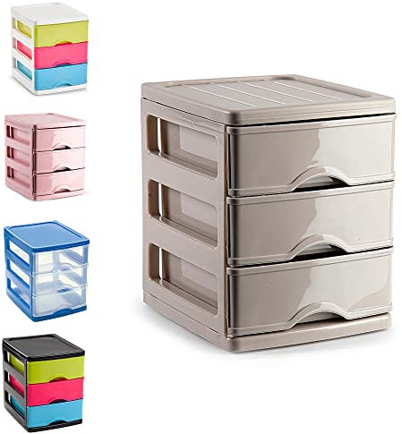 Plastic Desktop Storage Unit with Drawers, Stationary Arts Drawer Desktop Tabletop Organiser Storage Tower Unit for Office Bedroom Garage ((17 x 13.5 x 17cm, 3 Drawers Taupe))