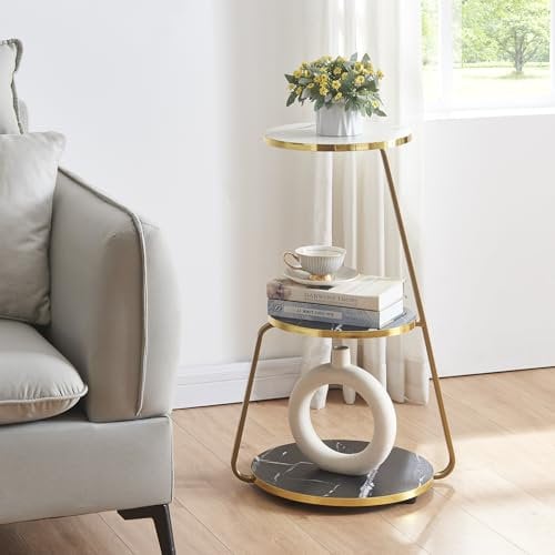 [en.casa] Beistelltisch Sipoo 3 Ebenen 3-stufiger Sofatisch Kaffetisch Couchtisch mit 3 Ablageflächen 74x46x37cm Schwarz/Marmoroptik Weiß